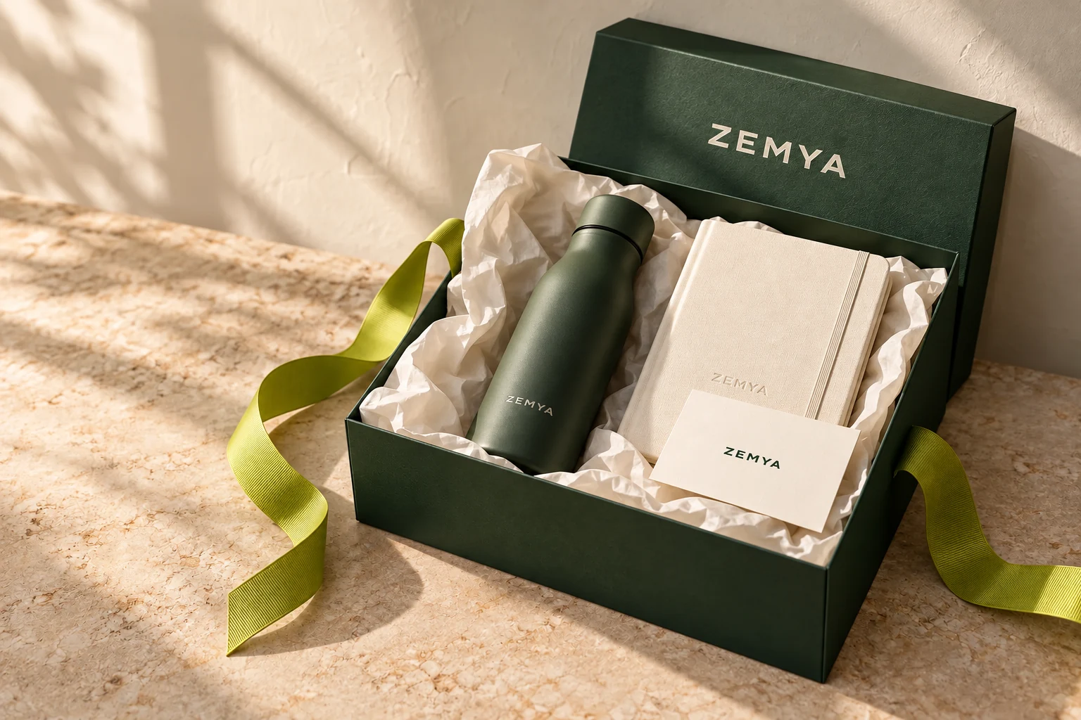 Een groene ZEMYA cadeaubox met een drinkfles, notitieboek en persoonlijke kaart